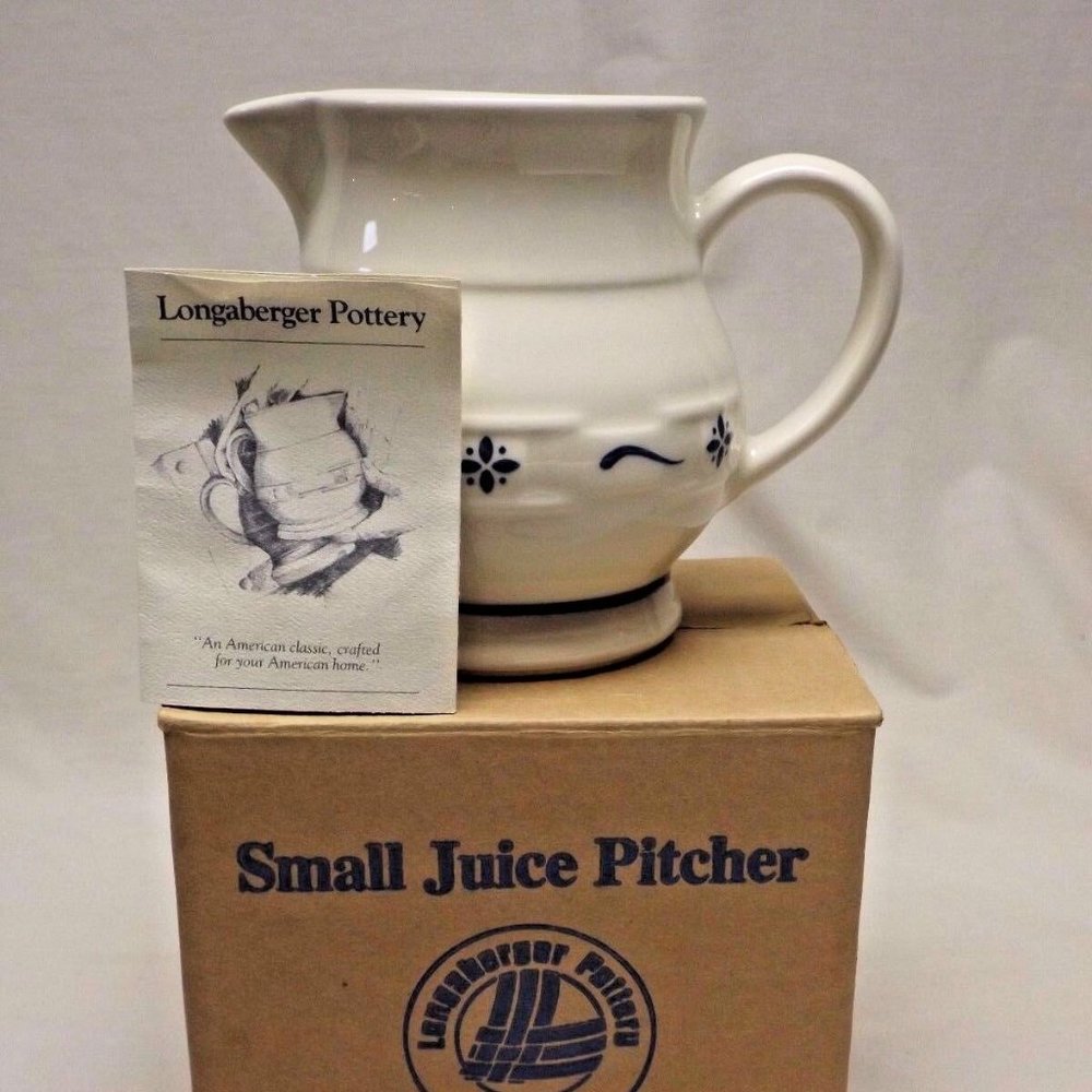 Longaberger Pottery Classic Blue Juice Pitcher  Roseville Ohio 1991 Original Box